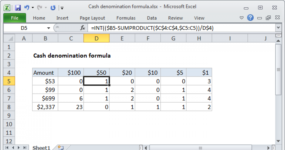 Cash Denomination Calculator Excel Formula Exceljet Cash Denomination Calculator Excel Formula Exceljet